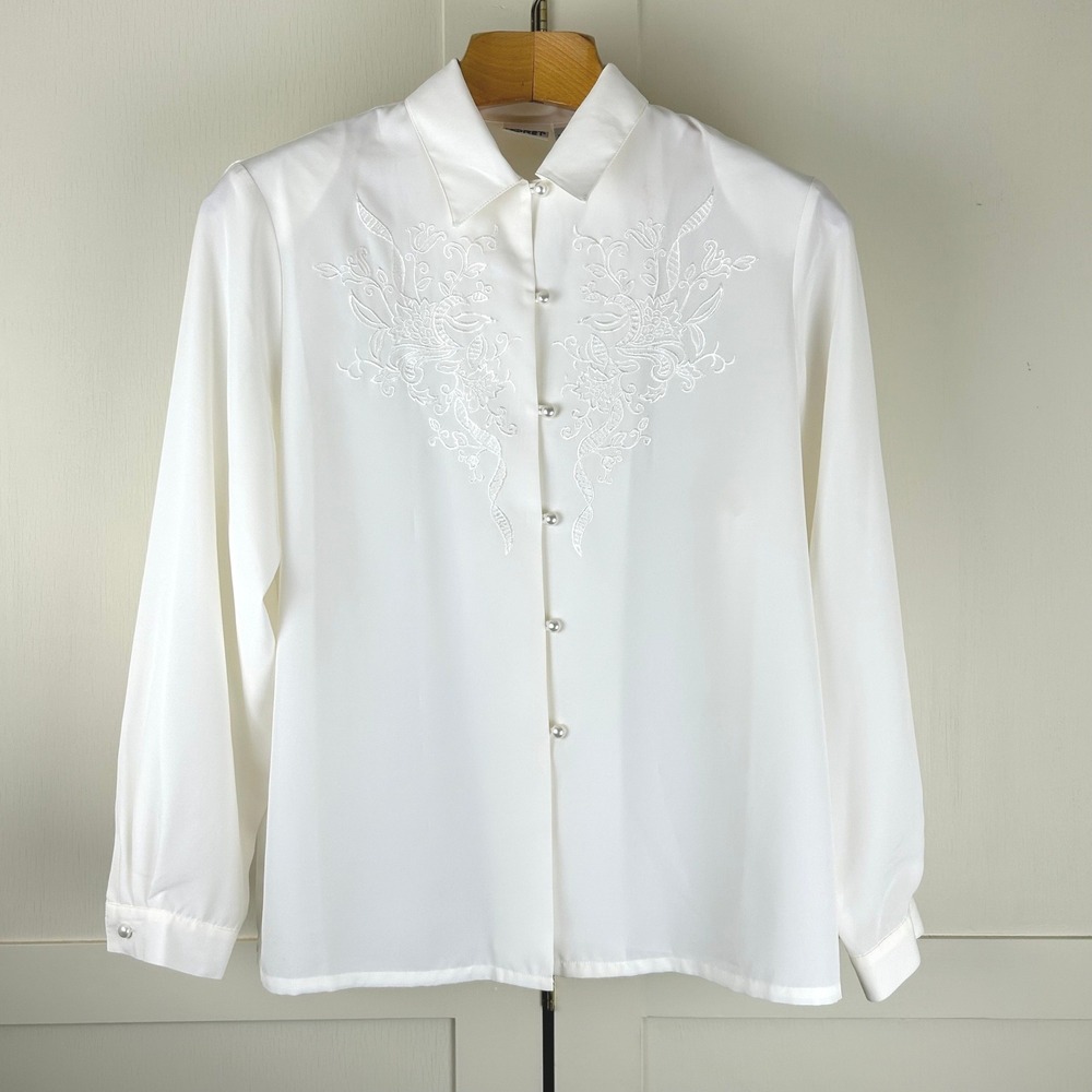 Vintage Koret Blouse Womens 16 White Floral Embroidered Pearl Button Coquette